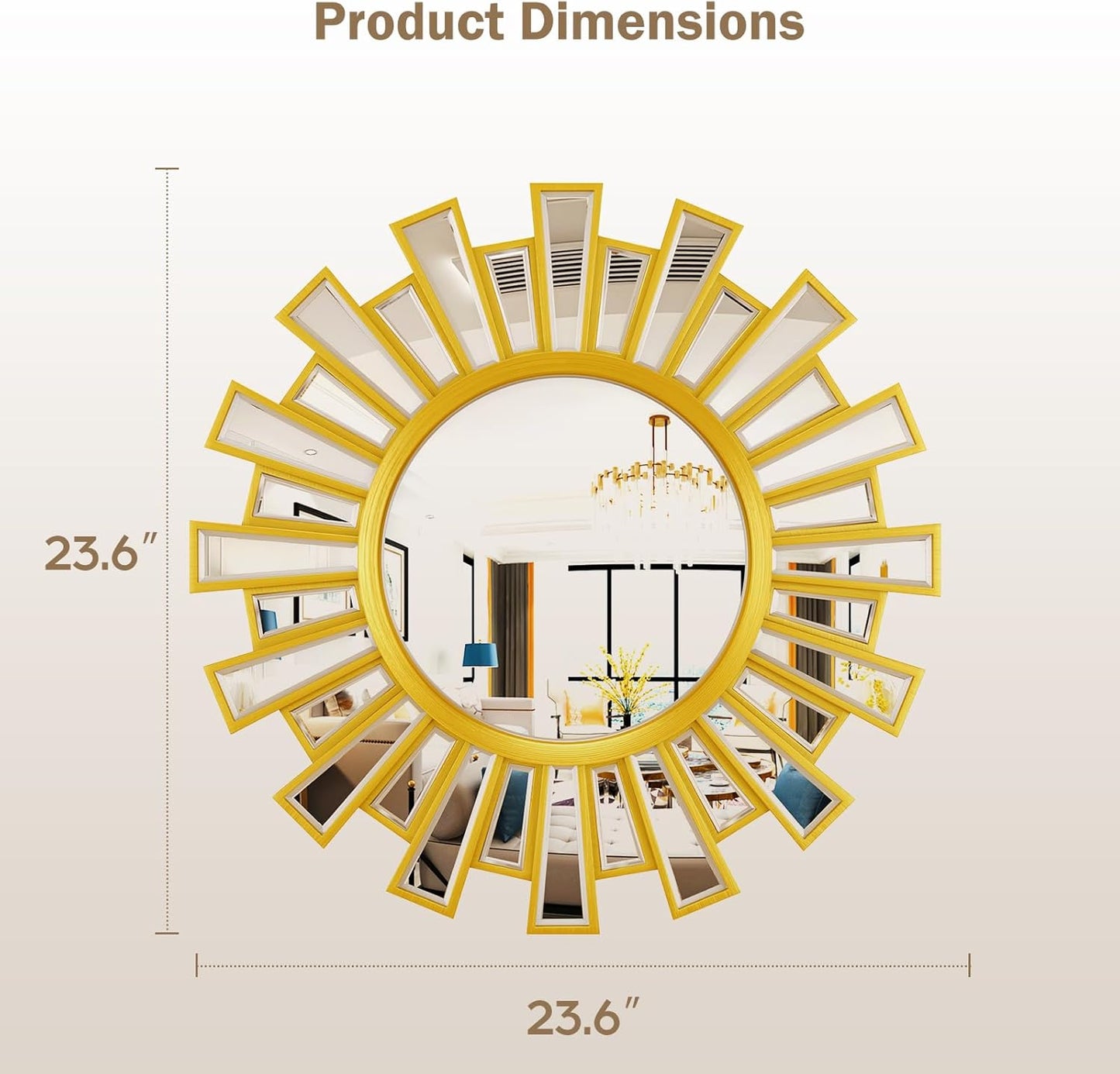 Gold Sunburst Mirror, 26" Sun Mirror Wall Decor with Beveled Glass Frame, Starburst Mirrors for Entryway, Dining Room, Living Room