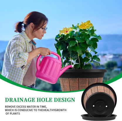 Quarut 4 Pack 10 inch Plant Pots,Upgrade Whiskey Barrel Planters with Drainage Holes & Saucer,Plastic Decoration Flower Pots Retro Design,Planters for Outdoor Indoor Garden Home Plants (Brown)
