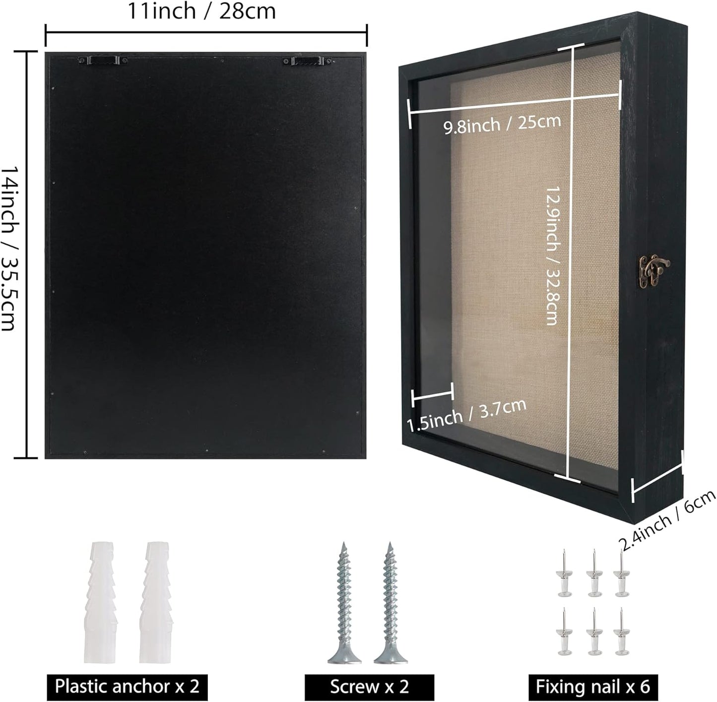 GraduationMall 13x16 Wood Shadow Box Frame Glass Door Display Case with Linen Back and 6 Stick Pins,1.5 inches Interior Depth,Ideal for Memorabilia Pictures Flowers Medals Tickets Rustic White