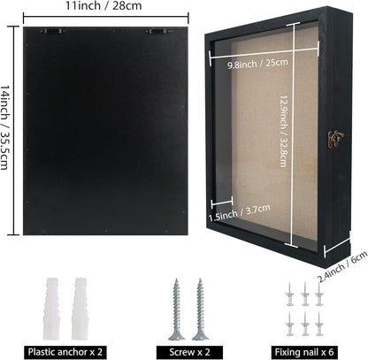GraduationMall 13x16 Wood Shadow Box Frame Glass Door Display Case with Linen Back and 6 Stick Pins,1.5 inches Interior Depth,Ideal for Memorabilia Pictures Flowers Medals Tickets Rustic White
