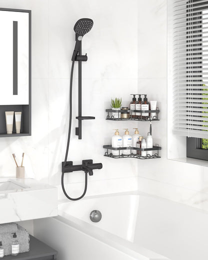 Sakugi Corner Shower Caddy - 2 Pack, Adhesive Shower Organizers, Rustproof Stainless Steel Shower Shelves with 8 Hooks, No Drilling Bathroom Organizers and Storage Racks, Space-Saving, Black, Medium