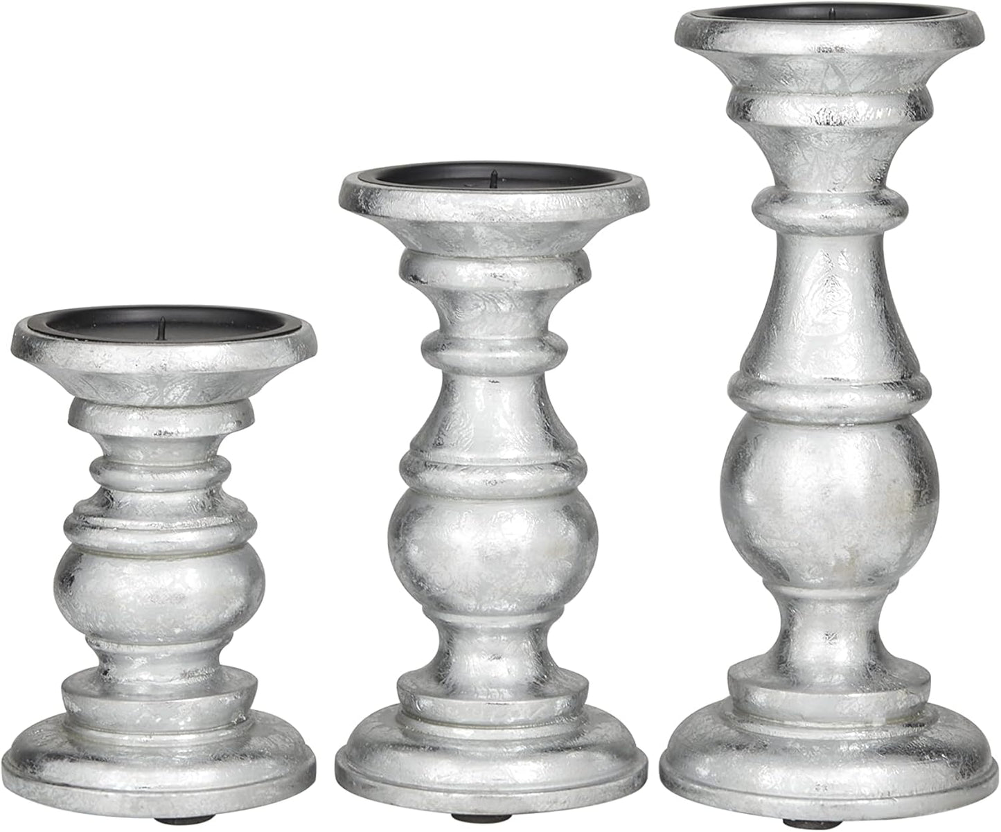 Deco 79 Mango Wood Decorative Candle Holder Distressed Turned Pillar Candle Stand, Set of 3 Candlestick Holder 6", 8", 10"H, Light Blue