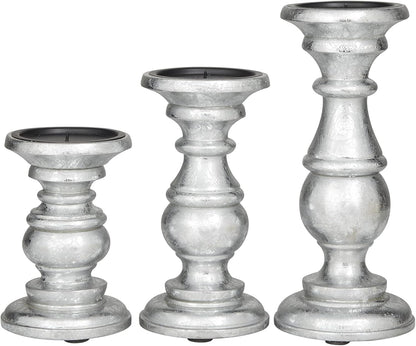 Deco 79 Mango Wood Decorative Candle Holder Distressed Turned Pillar Candle Stand, Set of 3 Candlestick Holder 6", 8", 10"H, Light Blue