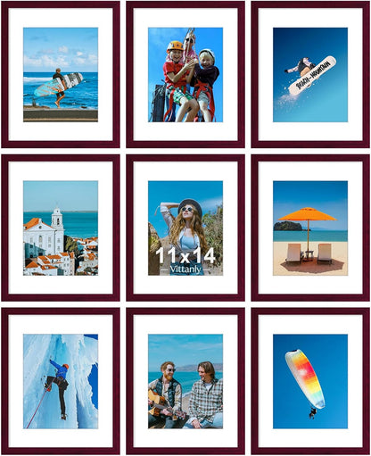 Vittanly 8x10 Picture Frames Set of 9, Shatter Resistant Plexiglass, Display 5x7 Pictures with Mat or 8x10 without Mat, Photo Frames for Wall or Tabletop, Engineered Wood, Black - Colors B