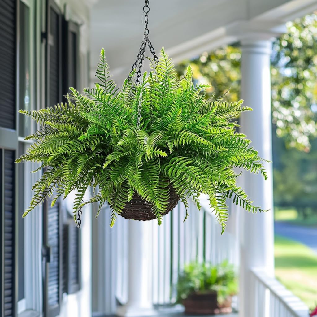 Outdoor Fake Hanging Fern – Artificial Hanging Ferns 2 Pack, Large Faux Boston Fern Bushes, UV Resistant Outdoor Hanging Plants for Front Porch, Patio & Indoor Decor