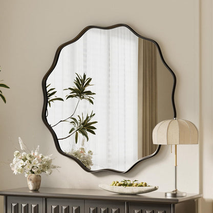 VooBang Black Scalloped Large Circle Mirror, 42" Wavy Edge Round Wall Mirror with Tempered Glass Textured Circular Metal Deep Frame, Hanging Leaning for Bathroom, Hallway, Entryway, Livng Room