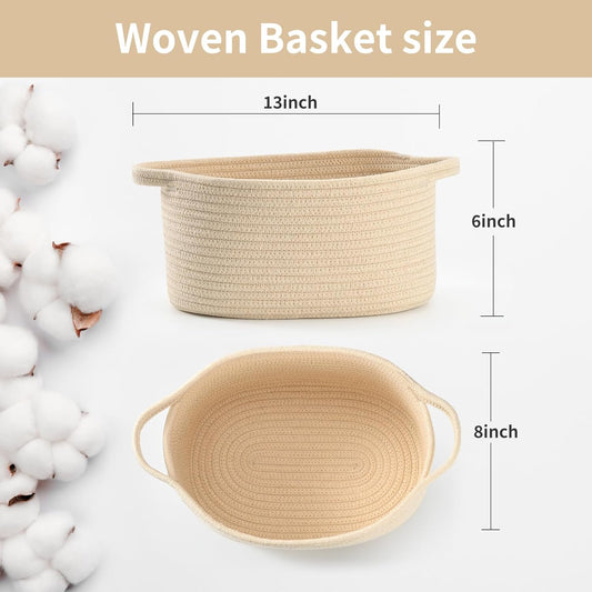 Happyiren Medium Woven Cotton Rope Basket with Handle Empty Decorative Gift Basket for Baby Shower, Graduation, Mother's Day, Nursery Storage 13" Dia x 8" W x 6" H