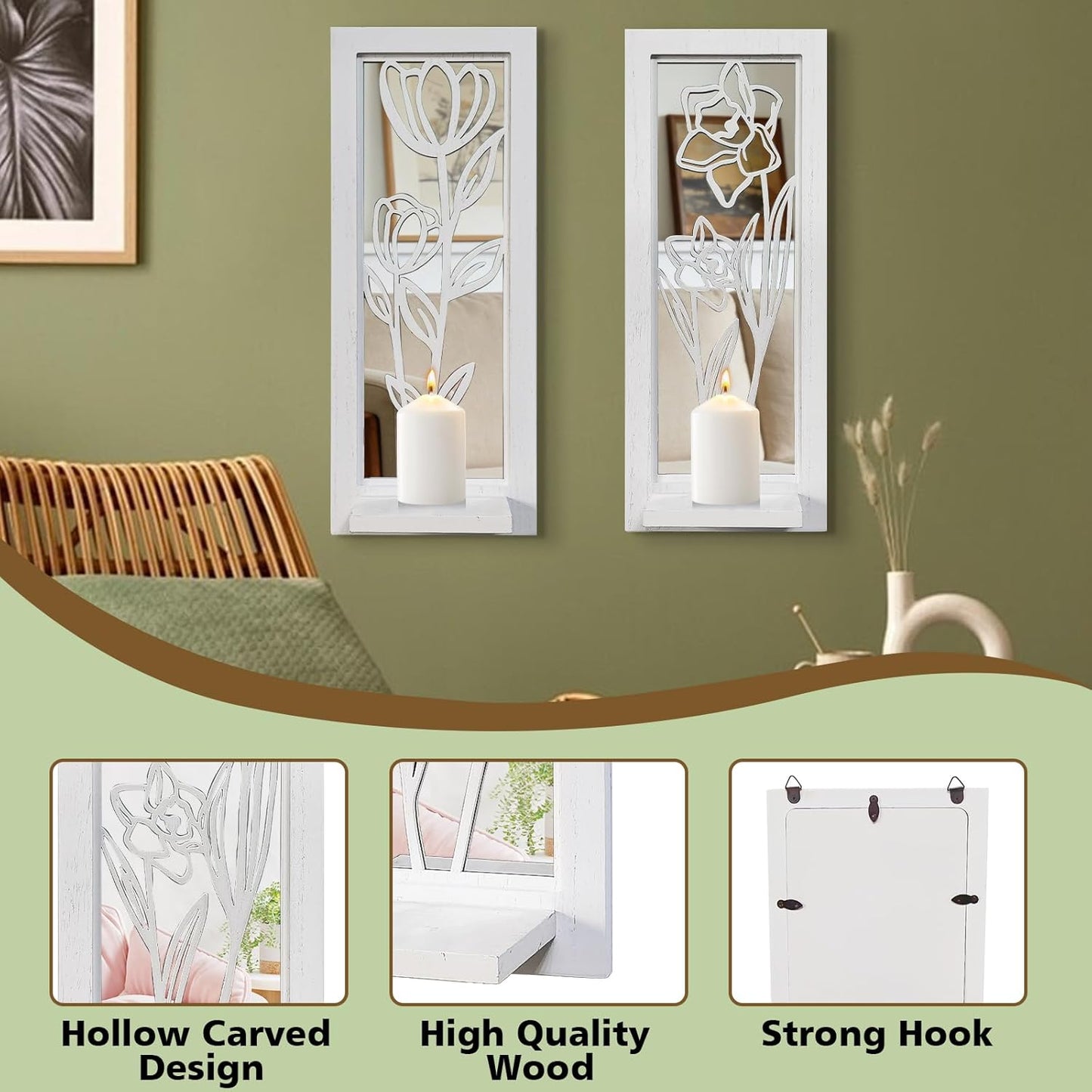 Wood Wall Sconce Candle Holder Set 2, Rustic Wall-Mount Candle Holders, Farmhouse Hanging Wall Décor, Carved Wood Frame, Mirrored Candle Holder (Distressed White)