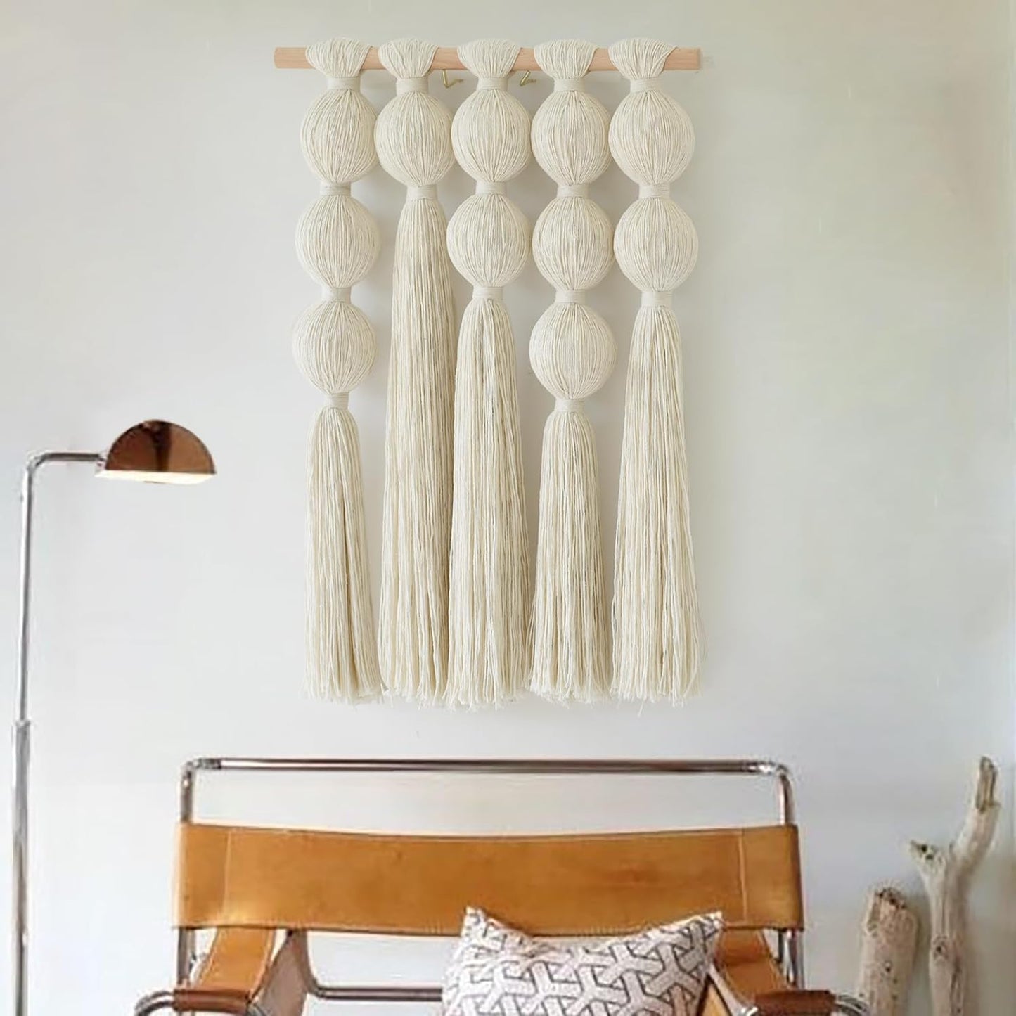 Macrame Wall Hanging Boho Home Decor Handmade Cotton Fiber Art with Neutral Ivory Tassels Modern Bohemian Wall Decor for Living Room Bedroom Apartment 27" W x 22" L
