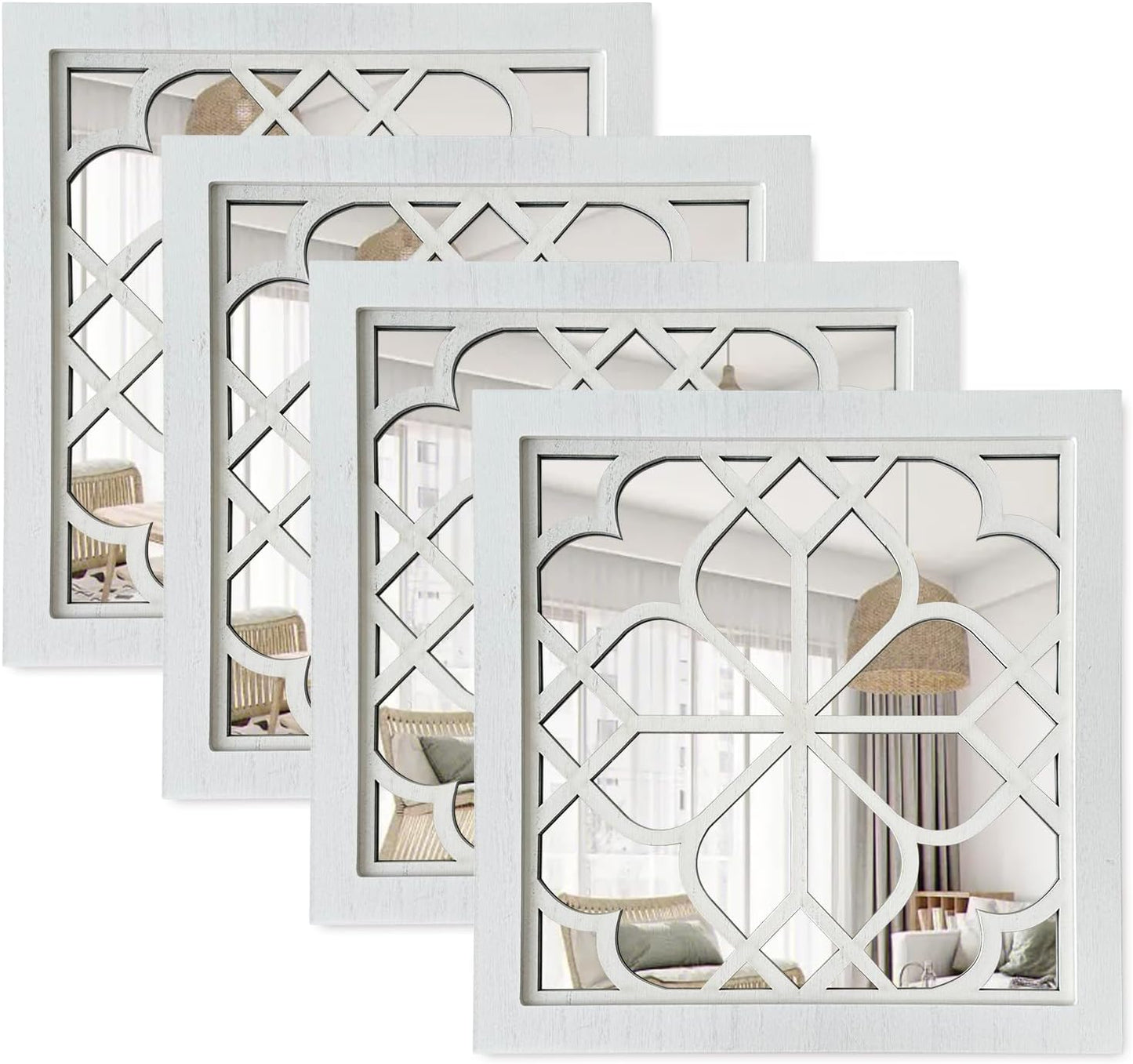 ZEXUIRU 4 Set. Rustic Wall Mirrors for Bedroom Bathroom Living Room Entryway Wood Farmhouse Square Easy to Hang Framed Decorative Accent Hanging Wall-Mounted Mirror Set for Living Room - Black
