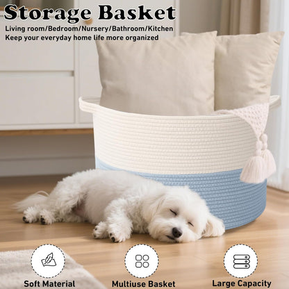 Large Woven Blanket Basket,65L Cotton Rope Laundry Basket Hamper with Handles, Decorative Nursery Basket Storage Bin for Toys, Clothes Organizer, Living Room, Bedroom, Bathroom, White & Brown