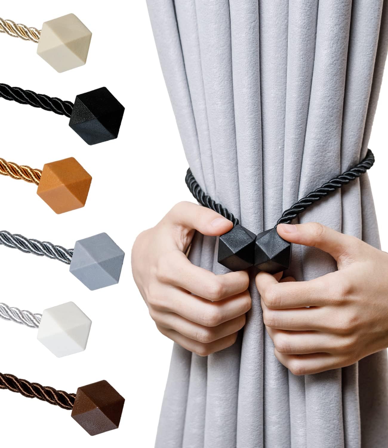 NazTur Magnetic Curtain Tiebacks- Upgrade 2022 with a Thicker Twist Rope & Strong Magnet Tieback Window Treatment Holdbacks Draperies Holders Decorative Drape Handmade Tie Back (Black, 2)
