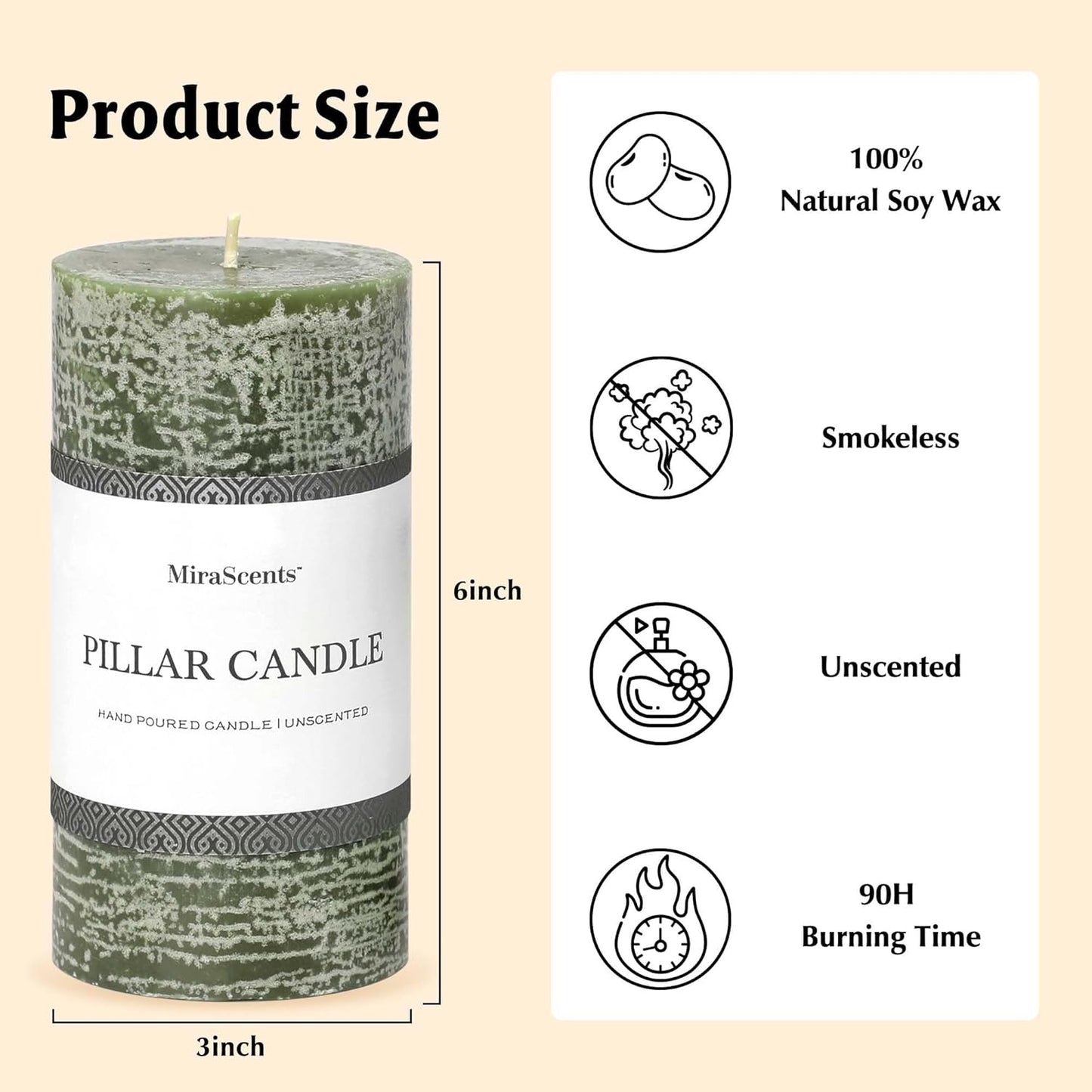 3x6 Inch Sage Green Pillar Candles Set of 3 - Unscented Spring, Long Clean Burning, Large Smokeless Dripless for Home Decor, Dinner Table, Bathroom, Rustic Decor