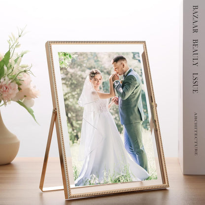 Gold 6x8'' Floating Photo Frame 2 Pack, Beaded Metal Frame Fits 3.5x5'', 4x6'' & 5x7'' Pictures, Adjustable Tabletop & Shelf Display, Elegant Wedding Gift for Home Decor