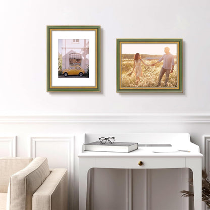 Golden State Art,11x14 Ornate Picture Frame for 8x10 Photo with Mat or 11 x 14 Prints without Mat,Real Glass Wall Display(Color:Green Gold)