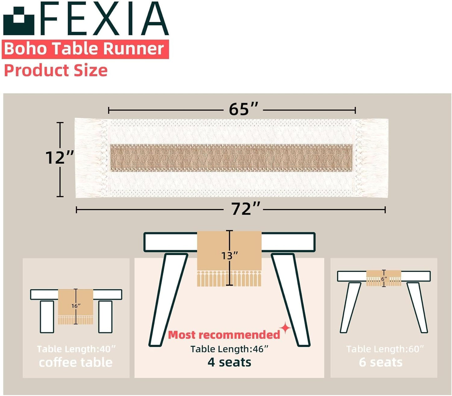 FEXIA Boho Table Runner for Thanksgiving Fall Christmas Home Decor with Tassels 72 Inches Long Pottery barn Furniture Farmhouse Rustic Macrame Burlap Table Decoration for Living Room (12x72 Inches)