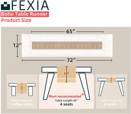 FEXIA Boho Table Runner for Thanksgiving Fall Christmas Home Decor with Tassels 72 Inches Long Pottery barn Furniture Farmhouse Rustic Macrame Burlap Table Decoration for Living Room (12x72 Inches)