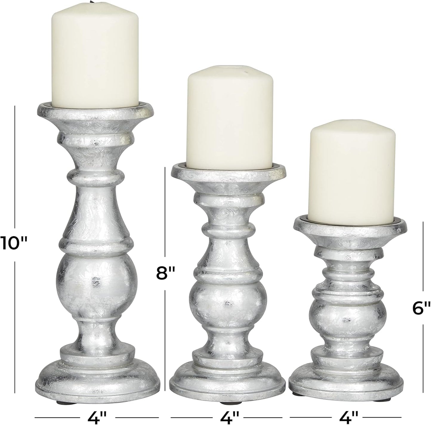Deco 79 Mango Wood Decorative Candle Holder Distressed Turned Pillar Candle Stand, Set of 3 Candlestick Holder 6", 8", 10"H, Light Blue