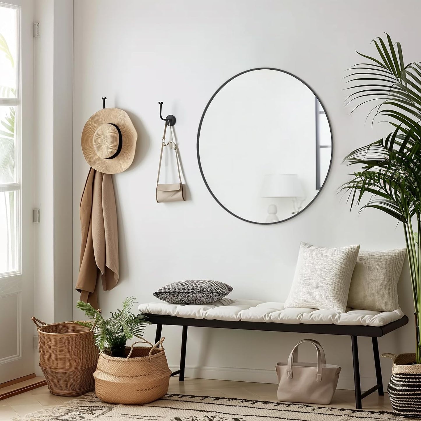 WallBeyond Wood Round Mirror with Wood Frame 24 inch Circle Wall Mirror for Bathroom Round Wall Mirror for Wall Decor, Vanity, Entryway Living Room (Walnut)