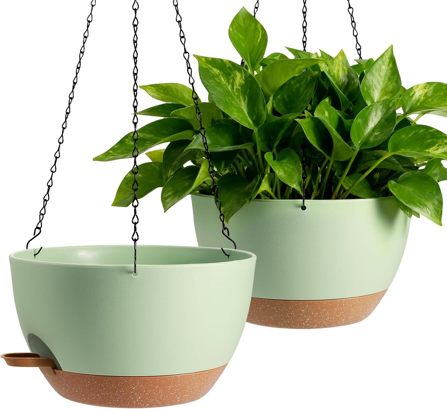 3-Piece Set of 10-Inch Hanging Planters with Automatic Watering System and Drip Tray, Includes Metal Chain, Suitable for Various Indoor and Outdoor Plants and Flowers, Green Brown