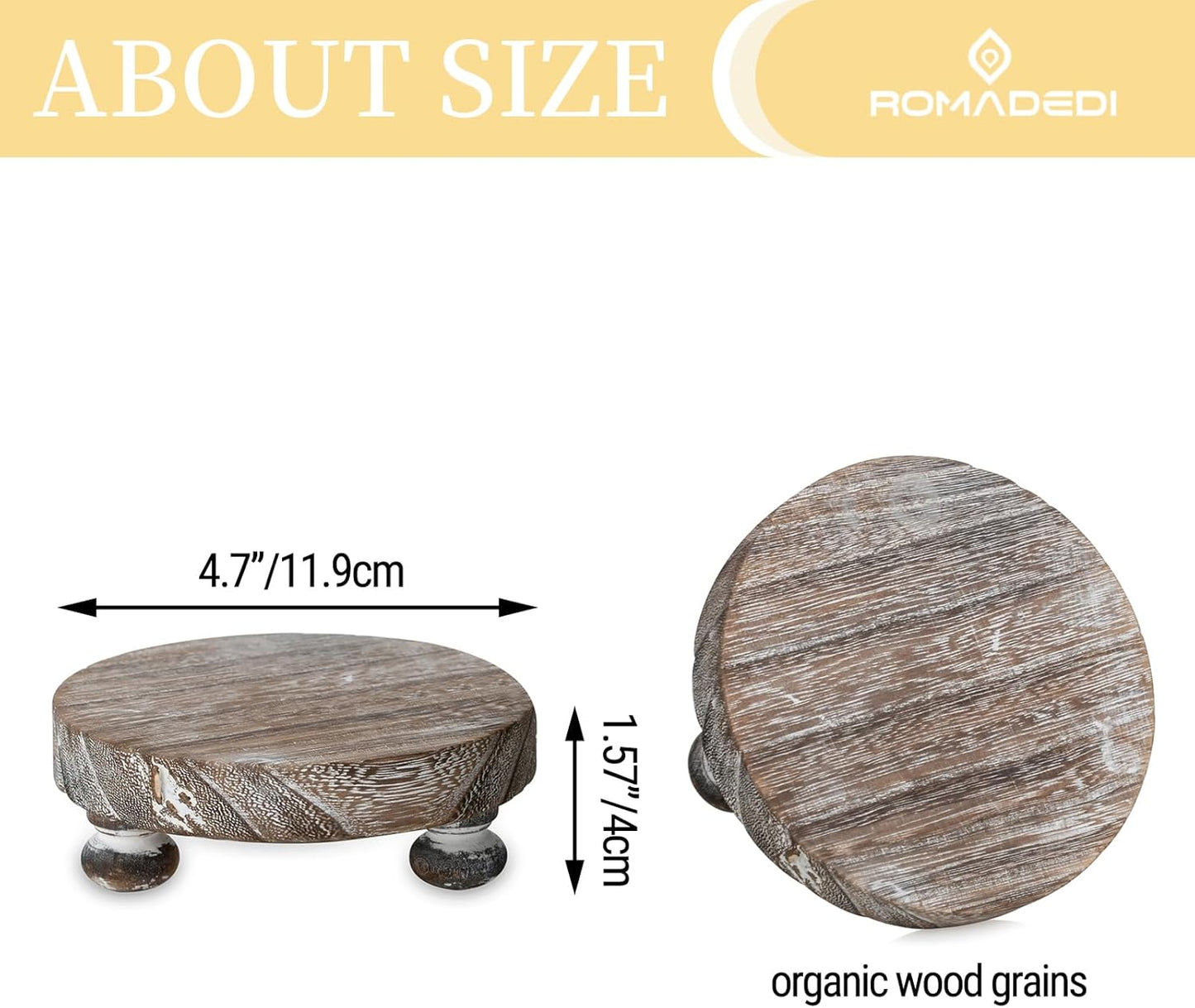 Romadedi Farmhouse Wood Riser for Display- 2 pcs Rustic Decor Mini Wooden Pedestal Decorative Round Tray for Home Table Bathroom Counter Shelf Kitchen, Brown