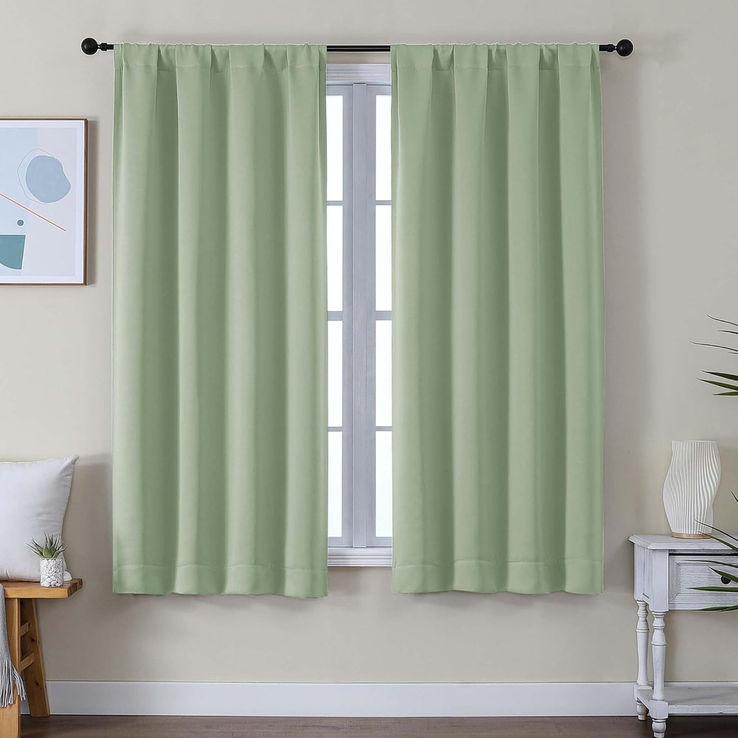 Simplebrand Ava Sage Green Blackout Curtains for Bedroom 63 Inch Length 2 Panels Set, Solid Thermal Insulated Energy Saving Rod Pocket Window Treatment Curtains Blackout Drapes, W40 x L63 Inch, Sage - Colors C