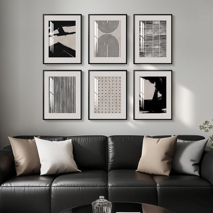 Framed Boho Black and White Brown Modern Abstract Wall Art for Living Room, Set of 6 Bohemian Wall Hanging Artwork, Minimalist Sun Geometric Pictures for Bedroom Office Bathroom Wall Decor 11x14 Inch