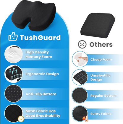 TushGuard Seat Cushion - Memory Foam Cushion for Office Chair, Car Seat, Airplane, Bleacher - Sciatica & Hip & Coccyx Pain Relief Desk Chair Cushion for Long Sitting Office Workers, Car Drivers