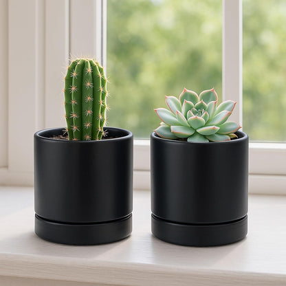 D'vine Dev Set of 2 Plants Pots, 6.5 Inch Ceramic Planter Pot for Plants with Drainage Hole and Saucer, White, 94-V-C-1