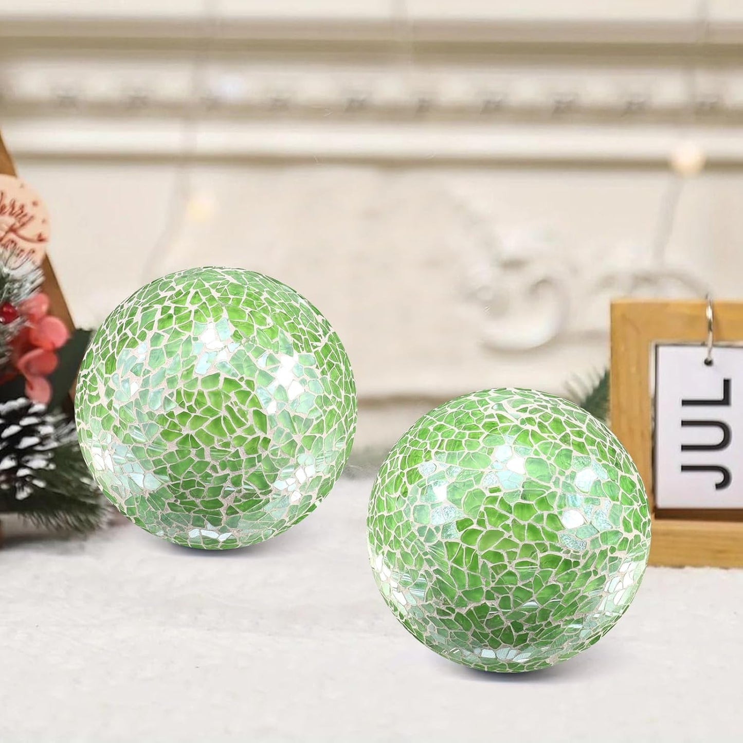3Pcs Mosaic Glass Orbs Decorative Balls Set 8.5cm/3.35inch Blue Sphere Wedding Party Home Decor Table Centerpiece
