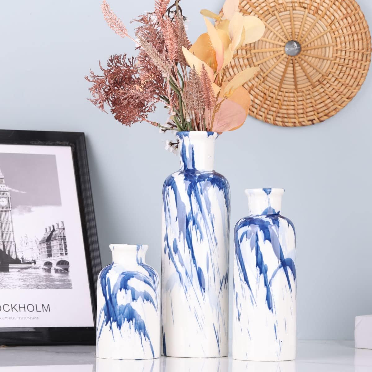 Blue Ceramic Vase Set - 3 Blue Small Vases, Farmhouse Country Flower Vase Home Decor, Living Room Decoration, Table Decoration, Fireplace Decor, and Entrance Decorations Centerpieces
