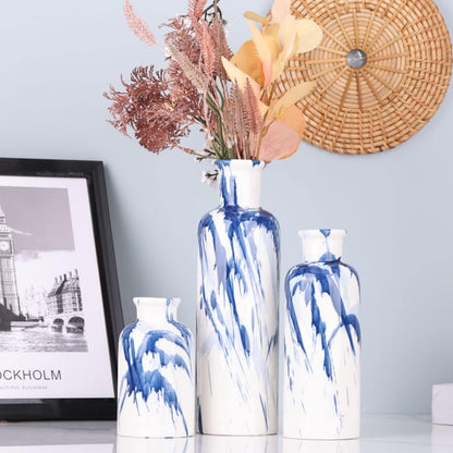 Blue Ceramic Vase Set - 3 Blue Small Vases, Farmhouse Country Flower Vase Home Decor, Living Room Decoration, Table Decoration, Fireplace Decor, and Entrance Decorations Centerpieces