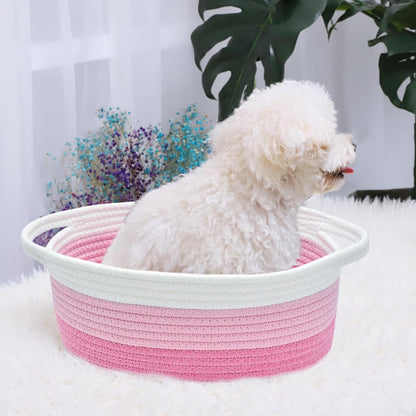 ABenkle Small Basket with Handles, Boho Decorative Rope Woven Dog Cat Toy Storage Bin Shelf Storage Organizer, Easter Christmas Gift Basket, 12"x8"x5", White