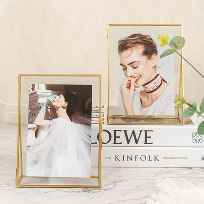 Gold Floating Picture Frame Set of 2, 10"x12" Glass Pressed Flower Picture Frames, Tabletop Standing Glass Floating Frame for 8x10 Photo Display