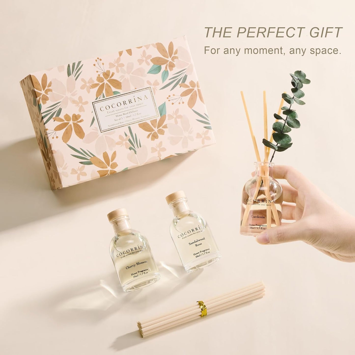 COCORRÍNA Eucalyptus Reed Diffuser Set of 3 - Lavender Eucalyptus, Black Forest, Clean Cotton Scents, 1.7 fl oz Each, Total 5.1 oz, Scented Oil Diffusers for Home & Office﻿