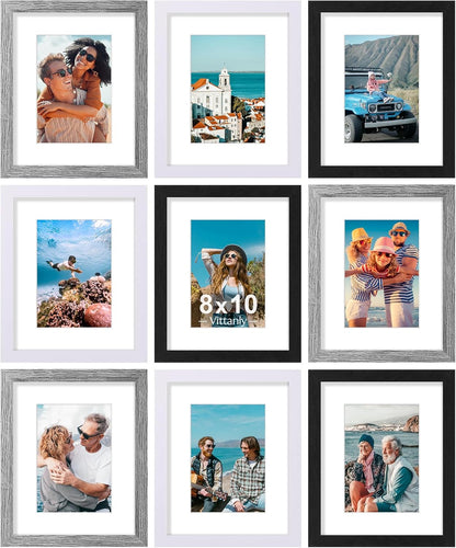 Vittanly 8x10 Picture Frames Set of 9, Shatter Resistant Plexiglass, Display 5x7 Pictures with Mat or 8x10 without Mat, Photo Frames for Wall or Tabletop, Engineered Wood, Black - Colors B
