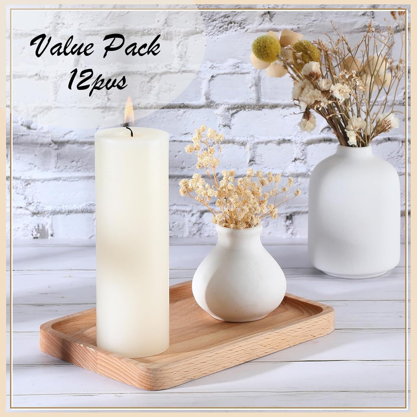 Lounsweer 12 Pack Ivory Pillar Candles Bulk Large Unscented Paraffin Wax Long Lasting Candles Clean Burning Supplies for Home Decor Wedding Party Dinner Bath Spa(2 x 8 Inch)