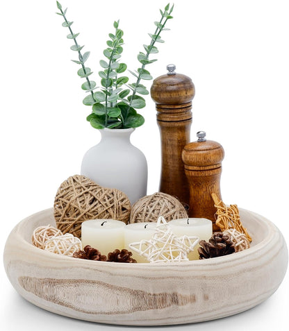 Wooden Decorative Bowls, 11.2 Inch Premium Round Serving Bowl with Rope Handles for Home Decor, Round Paulownia Wood Centerpiece Bowl for Coffee Table(Natural)