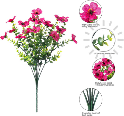 HyeFlora Artificial Flowers for Outdoor Indoor Garden Home Decoration, Faux Flower Daisy with Eucalyptus Leaves Fake Plants Greenery Boxwood Porch Patio, 12 Bundles (Mix Pink Red Purple Yellow)