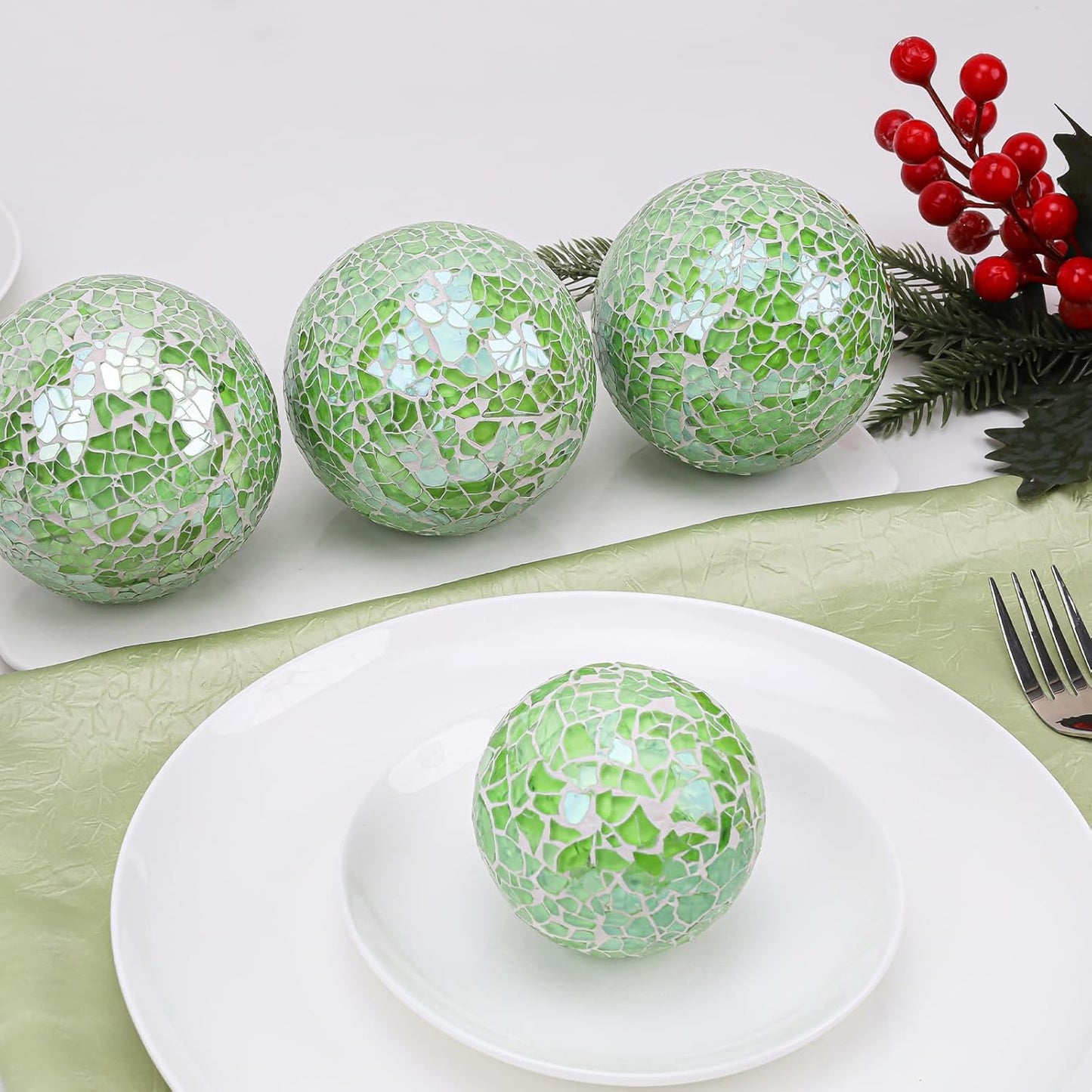 2 Pieces Decorative Glass Orbs 2.6 Inch Mosaic Crackl Solid Sphere Ball Table Centerpiece Balls Bowls Vases Christmas Decorative(Green)