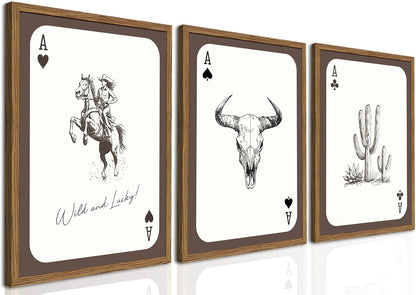 Western Wall Art Set of 3, Southwestern Cowboy Playing Card Wall Decor, Longhorn Bull Skull and How Lucky are We Poster Canvas Painting Prints for Bedroom Living Room 12x16 inch Wood Framed