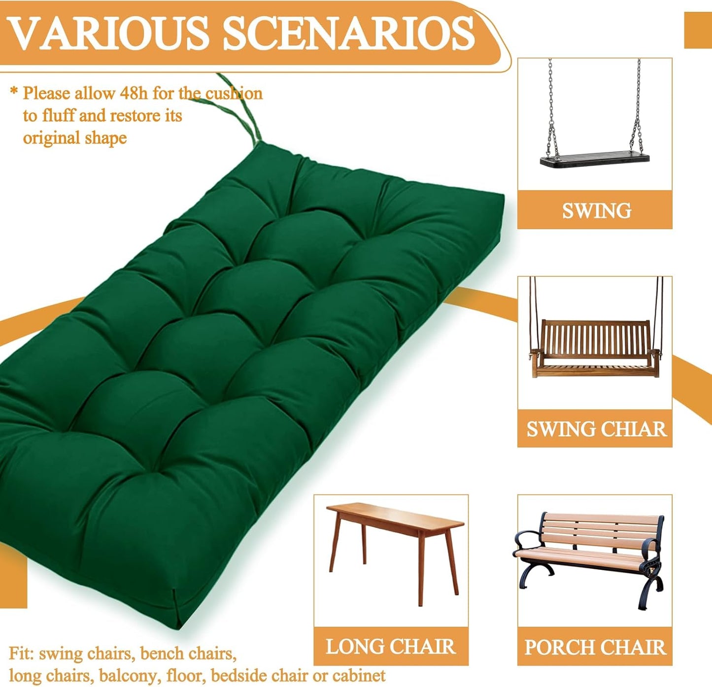 MTMR Outdoor Bench Cushion-44X19 Water-Repellent Tufted Porch Swing Cushions with High Elasticity PP Cotton and Ties Fade-Resistant Patio Outdoor Chair Cushion for Bench Furniture, Indoor Seat Cushion