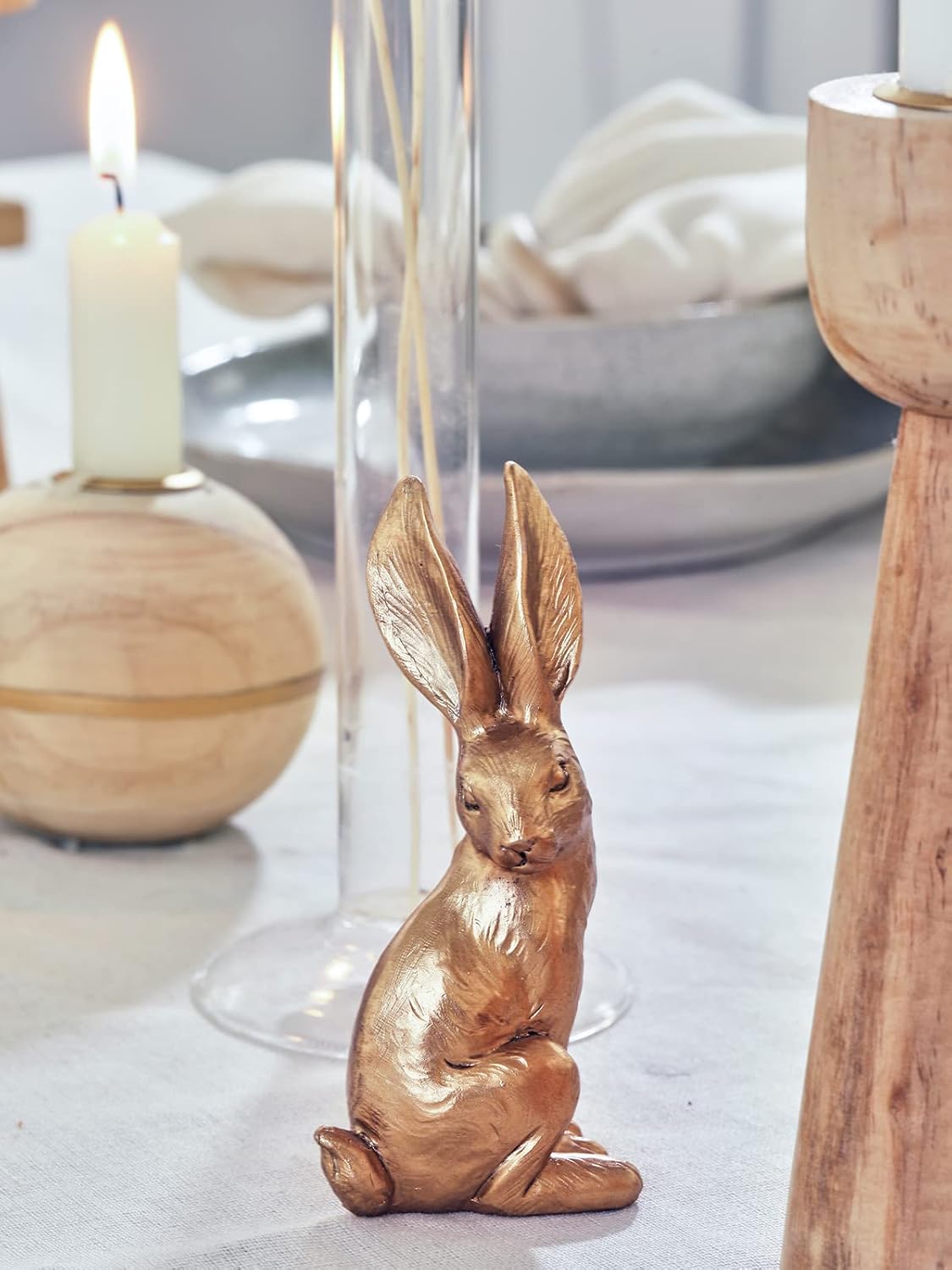 DN DECONATION Golden Polyresin Bunny Decor Rabbit Figurines, Easter Bunny Statue Set of 3 for Spring Tabletop Decor