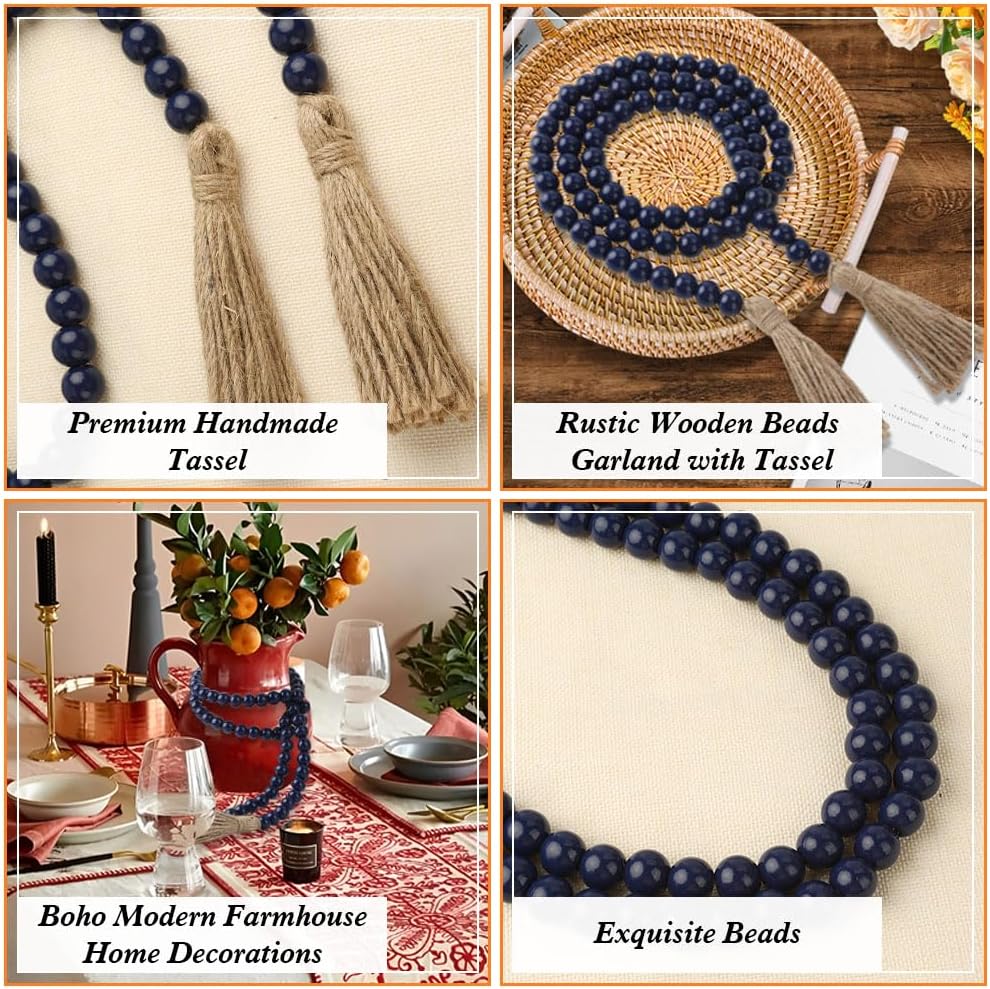 Wood Bead Garland 58 Inch Nature Wooden Beads for Boho Farmhouse Table Home Decor with Tassel, Wooden Prayer Bead, Rustic Country Boho Wall Hanging Decor for Kitchen Modern Living Room Tray Vase Shelf