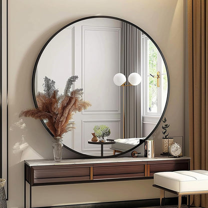 Sunniry Black Round Mirror, Round Mirror 24 inch, Black Circle Mirrors Matte Metal Frame, Wall Mounted Mirrors for Living Room, Bathroom, Wall, Entryway.