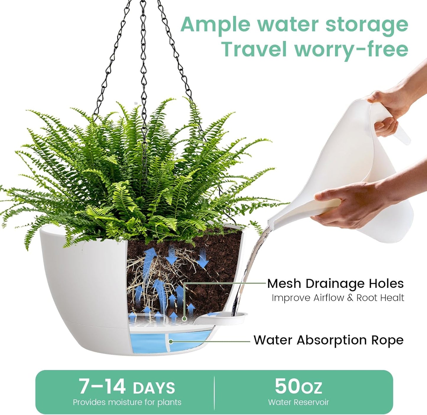 UOUZ 13 Inch 2 Pack Large Self Watering Hanging Planters for Indoor Outdoor Plants, Hanging Plant Pots with Removable 50 Oz Reservoir, Plastic Hanging Basket for Window Porch Garden Balcony, Black