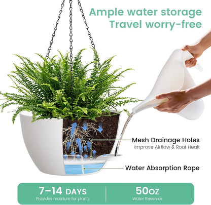 UOUZ 13 Inch 2 Pack Large Self Watering Hanging Planters for Indoor Outdoor Plants, Hanging Plant Pots with Removable 50 Oz Reservoir, Plastic Hanging Basket for Window Porch Garden Balcony, Black