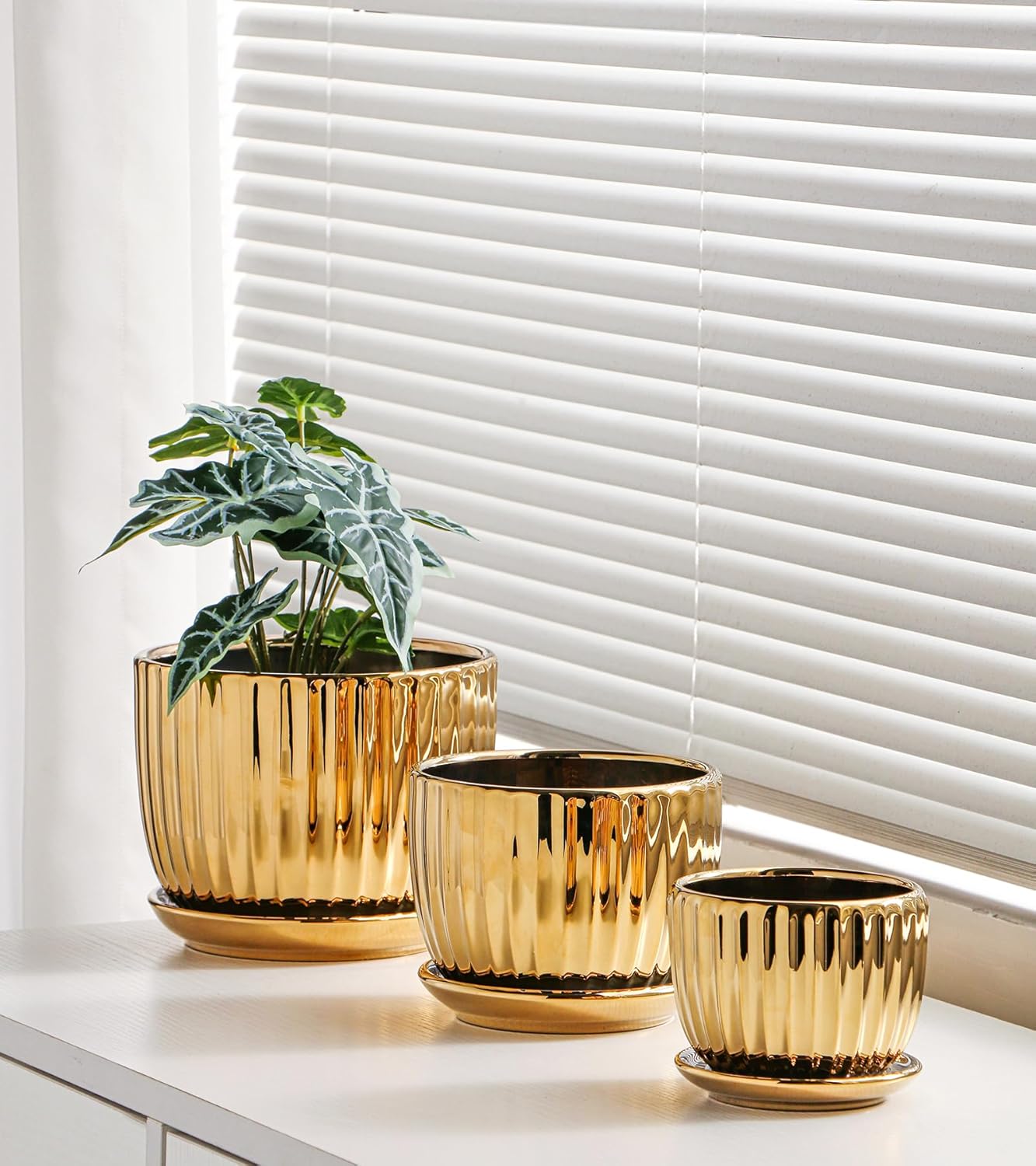 Ton Sin Pink Gold Ceramic Flower Pots, 4"+5"+6" Inch Small Glazed Succulent Planters with Drainage Hole,Modern Indoor Decorative Plant Pots Set of 3,Garden Pots with Saucer