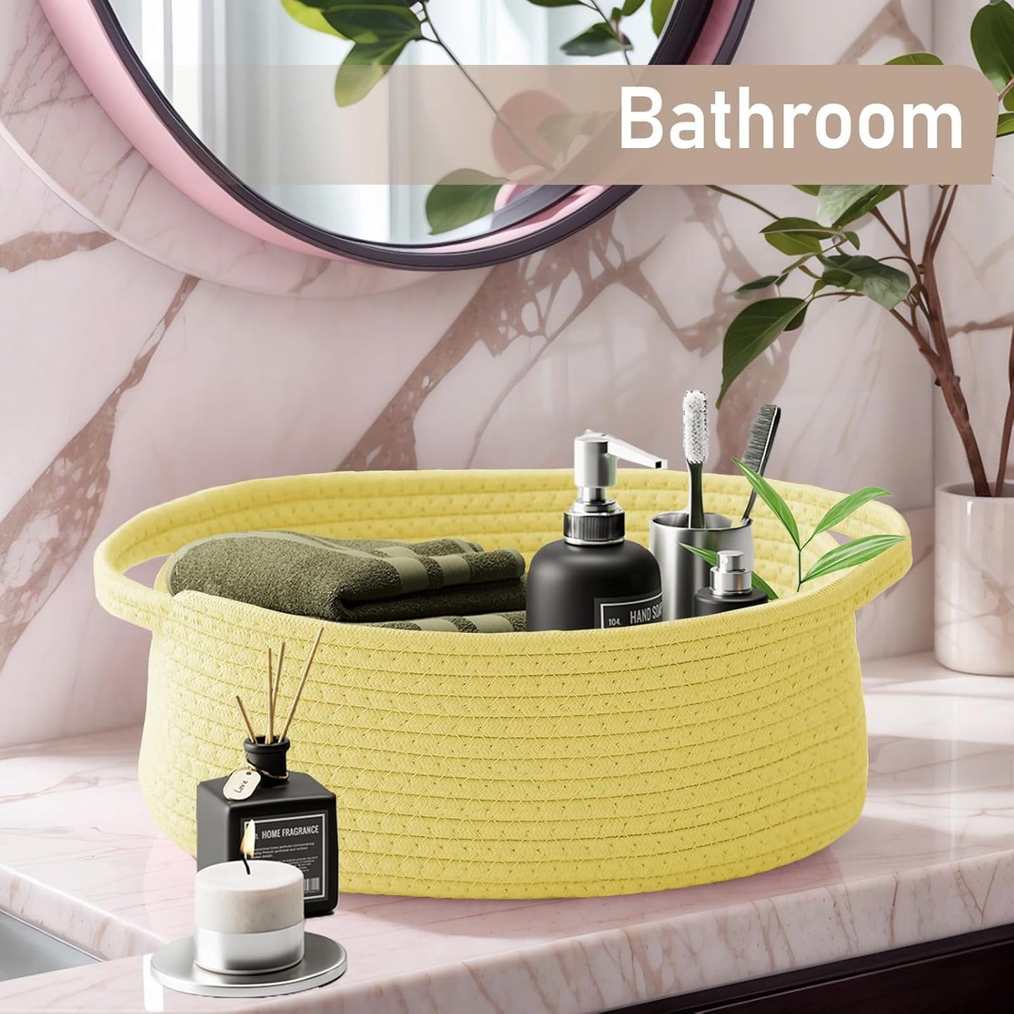 JMvicyroam Woven Basket,Small Rope Storage Bin with Handles & Ribbon Bag, Organizer for Shelves Closets,Gift Basket Empty for Birthday,Books,Dog Toys,White