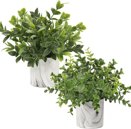 Hollyone Mini Artificial Potted Plants Fake Plants in Marble Pots, 1Pcs Plastic Eucalyptus Greenery Faux Plants for Home Office Desk Room Centerpiece Shelf Décor